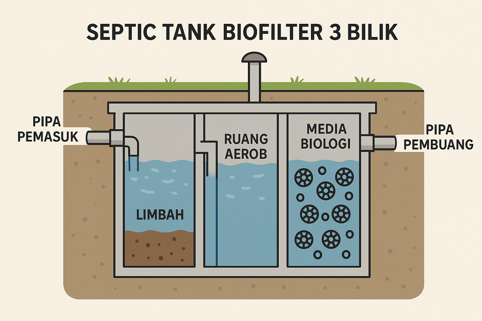 Diagram cara kerja septic tank biofilter 3 bilik – ilustrasi alur filtrasi limbah domestik ramah lingkungan
