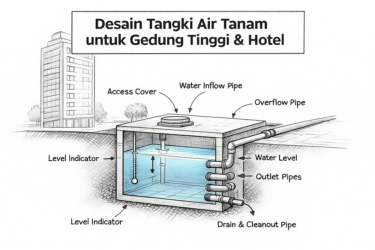 ilustrasi potongan melintang desain tangki air tanam untuk hotel dan gedung bertingkat