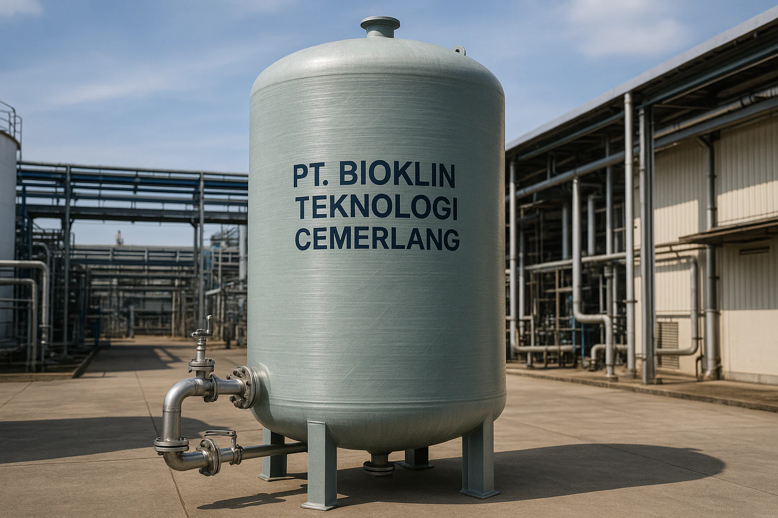 FRP cylinder storage tank PT. Bioklin Teknologi Cemerlang di area industri modern untuk penyimpanan cair