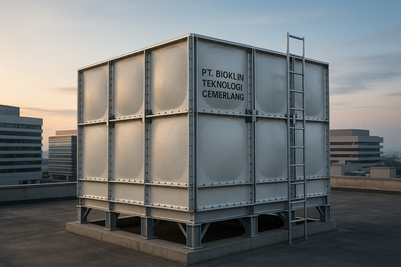 FRP panel tank PT. Bioklin Teknologi Cemerlang untuk sistem penyimpanan cair di rooftop gedung