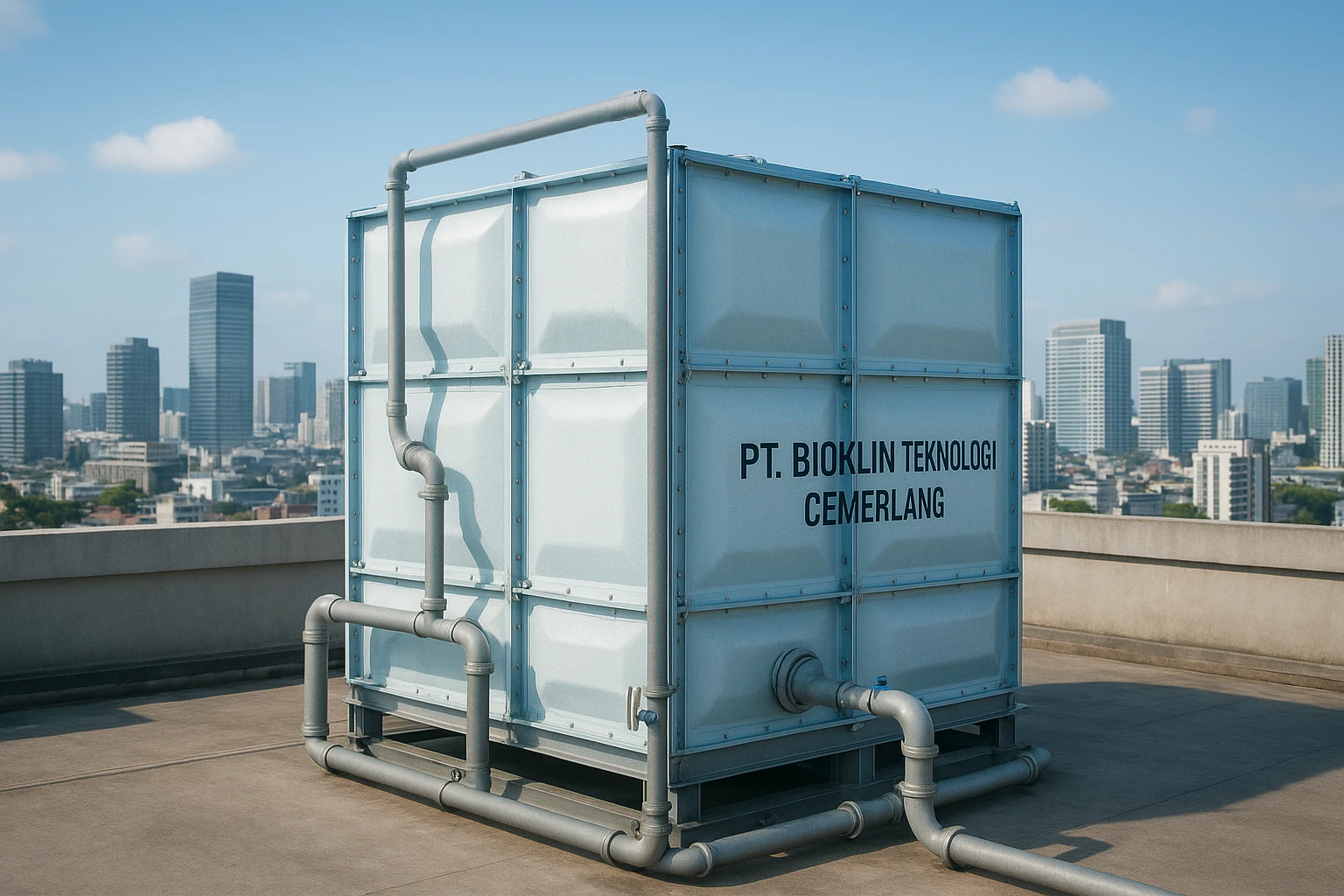 Tangki air panel FRP PT. Bioklin Teknologi Cemerlang terpasang di rooftop gedung modern
