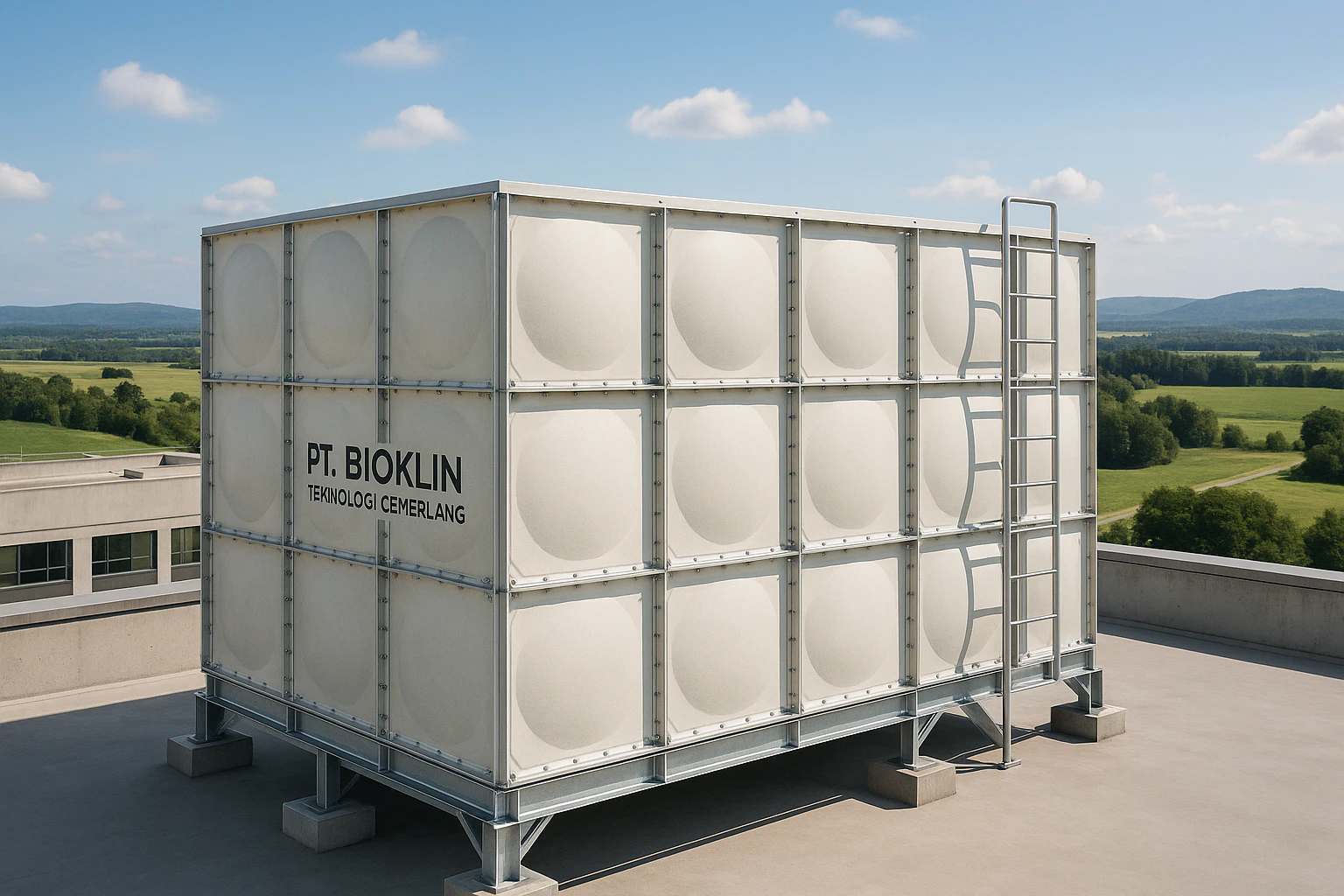 roof tank panel FRP PT. Bioklin Teknologi Cemerlang terpasang di rooftop gedung bertingkat