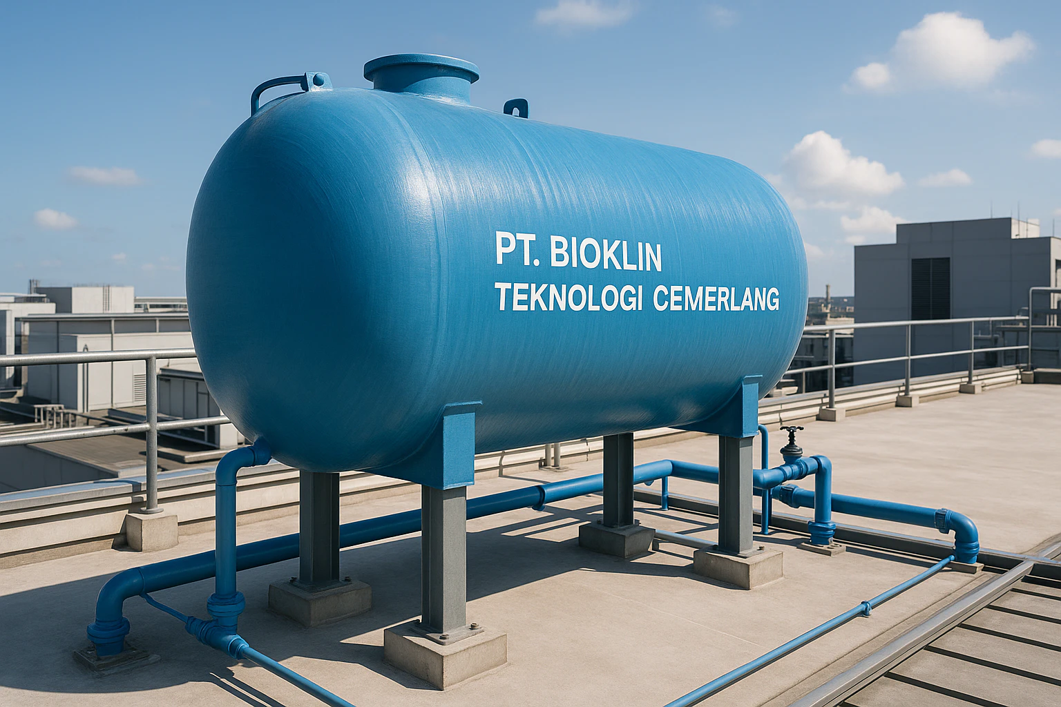 tangki air FRP PT. Bioklin Teknologi Cemerlang di rooftop gedung industri modern
