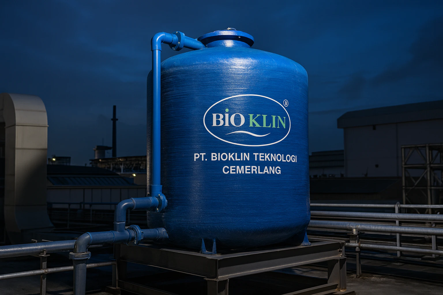 tangki fiberglass kapasitas besar dengan branding PT. Bioklin Teknologi Cemerlang di area industri